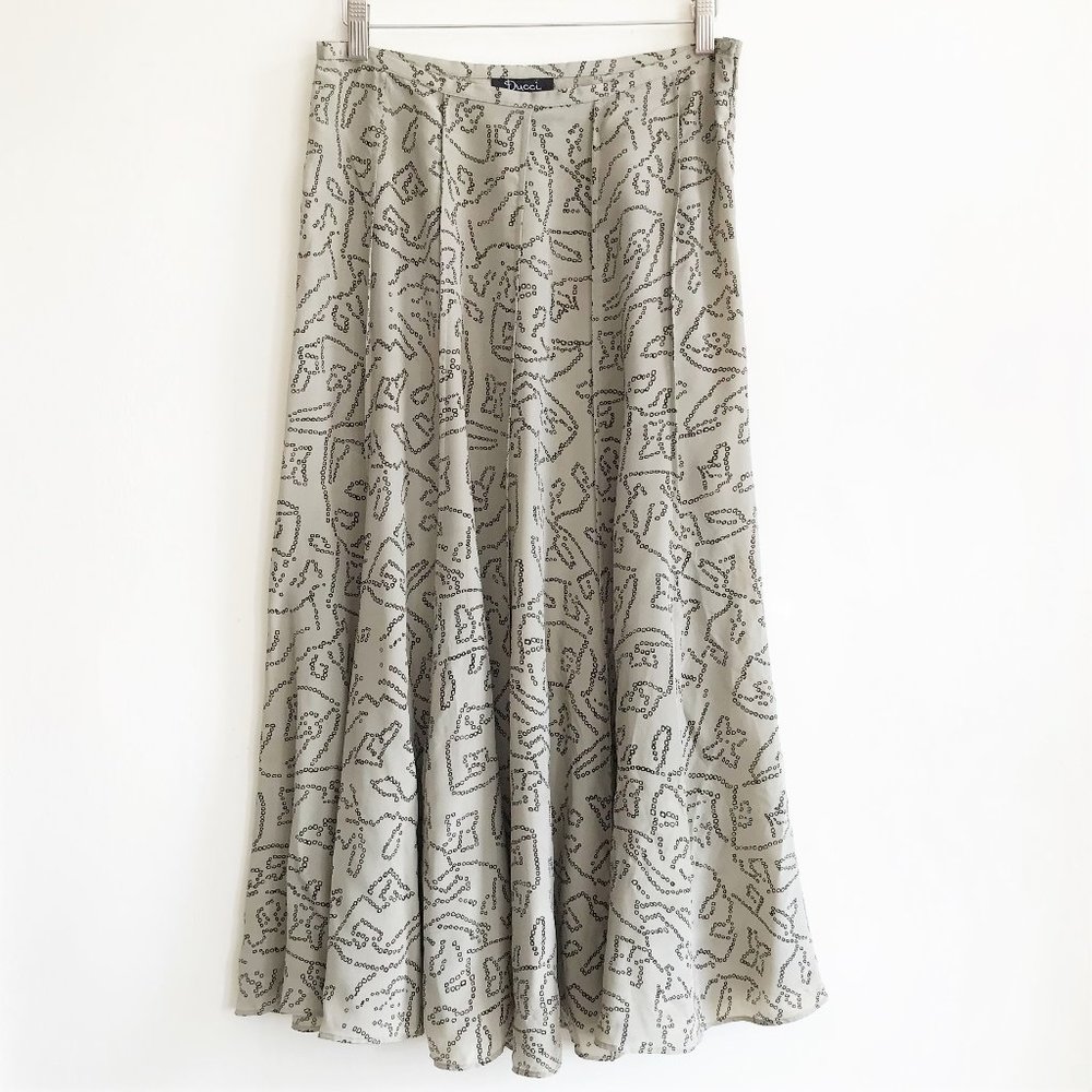 Vintage Y2K 90s 100% Silk Paneled Midi Skirt 12 Large Sage Tan Equestrian Chain
